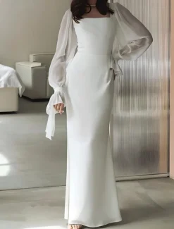 Reception Little White Dresses Wedding Dresses Sheath / Column Square Neck Long Sleeve Floor Length Chiffon Bridal Gowns With Bow(s) Solid Color