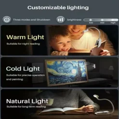Rechargeable Aluminum Reading Light - 3 Colors, 3 Brightness Levels, Clip-On Mini Book Light, Anti-Blue Light, Flexible Bendable Design for Bedside, Study, and Nighttime Reading