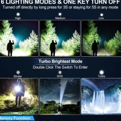 Rechargeable Flashlights High Lumens 1500M Long Throw Super Bright LED Small Powerful Tactical Flashlight with Memory Function 6Modes Pocket Waterproof Flash Light for Camping
