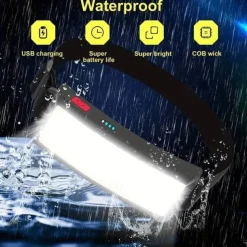 Rechargeable Headlamp Flashlight, COB Wide Beam Headlight, 3 Lighting Modes, Lightweight Waterproof Light Bar Headlamp, Suitable for Outdoor Running Fishing Camping