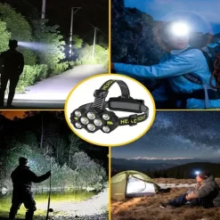 Rechargeable Headlamp Torch 10 LEDs Super Bright Head Torches 22000 Lumens 10 Modes IPX4 Headlamp Hands Rating Hands-Free Capability Ideal for Camping Cycling