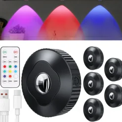 Rechargeable RGB Puck Lights with Remote Control 1200mAh Battery Operated Tap Lights Dimmable Touch Under Cabinet Lighting Wireless Push Lights LED USB Shelf Light
