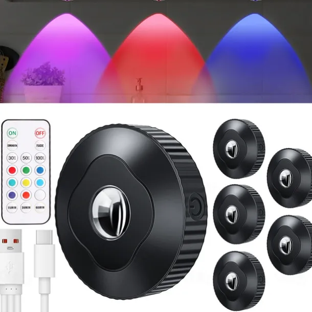 Rechargeable RGB Puck Lights with Remote Control 1200mAh Battery Operated Tap Lights Dimmable Touch Under Cabinet Lighting Wireless Push Lights LED USB Shelf Light