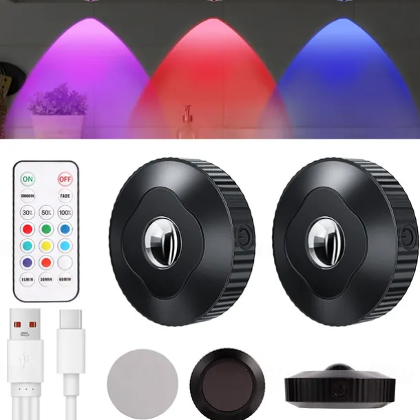 Rechargeable RGB Puck Lights with Remote Control 1200mAh Battery Operated Tap Lights Dimmable Touch Under Cabinet Lighting Wireless Push Lights LED USB Shelf Light