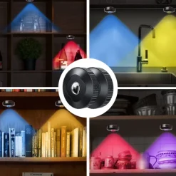 Rechargeable RGB Puck Lights with Remote Control 1200mAh Battery Operated Tap Lights Dimmable Touch Under Cabinet Lighting Wireless Push Lights LED USB Shelf Light