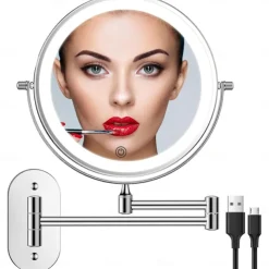 Rechargeable Wall Mounted illuminated Makeup Mirror Light 8-inch Double-sided 10x Magnifying Bathroom Mirror 3-color Lighting Touch Screen Dimming Extended Arm 360 Degree Rotating Shaving Luminous Mirror