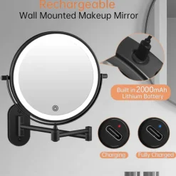 Rechargeable Wall Mounted illuminated Makeup Mirror Light 8-inch Double-sided 10x Magnifying Bathroom Mirror 3-color Lighting Touch Screen Dimming Extended Arm 360 Degree Rotating Shaving Luminous Mirror