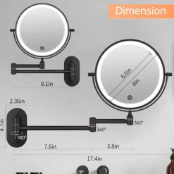 Rechargeable Wall Mounted illuminated Makeup Mirror Light 8-inch Double-sided 10x Magnifying Bathroom Mirror 3-color Lighting Touch Screen Dimming Extended Arm 360 Degree Rotating Shaving Luminous Mirror