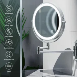 Rechargeable Wall Mounted illuminated Makeup Mirror Light 8-inch Double-sided 10x Magnifying Bathroom Mirror 3-color Lighting Touch Screen Dimming Extended Arm 360 Degree Rotating Shaving Luminous Mirror
