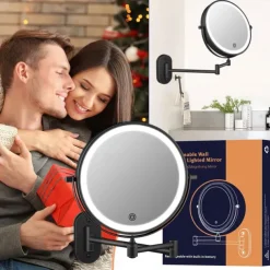 Rechargeable Wall Mounted illuminated Makeup Mirror Light 8-inch Double-sided 10x Magnifying Bathroom Mirror 3-color Lighting Touch Screen Dimming Extended Arm 360 Degree Rotating Shaving Luminous Mirror