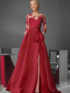 Red A-Line Evening Gown Elegant Dress Formal Wedding Floor Length Long Sleeve Jewel Neck Pocket Satin with Slit Appliques
