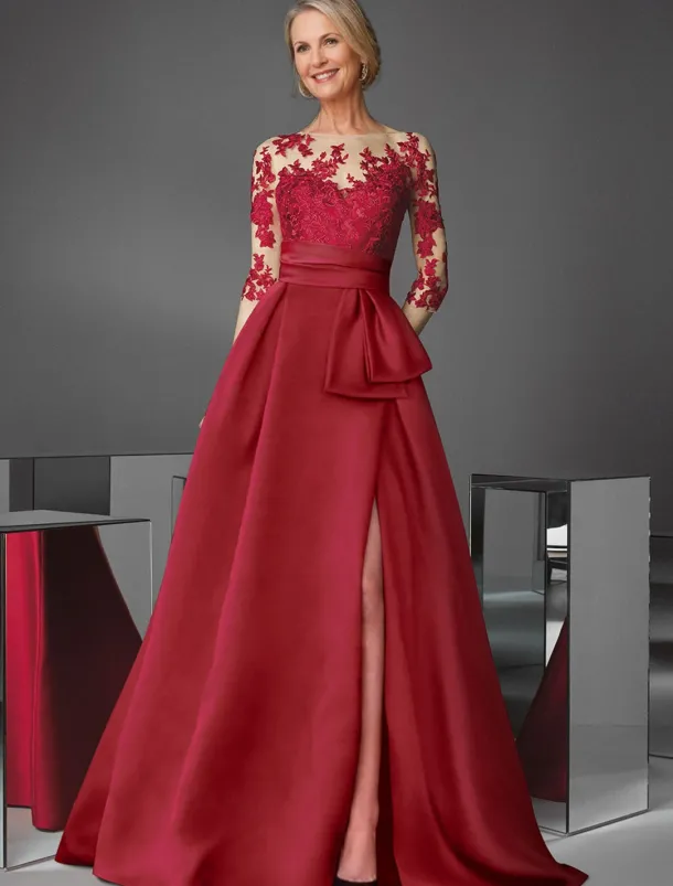 Red A-Line Evening Gown Elegant Dress Formal Wedding Floor Length Long Sleeve Jewel Neck Pocket Satin with Slit Appliques