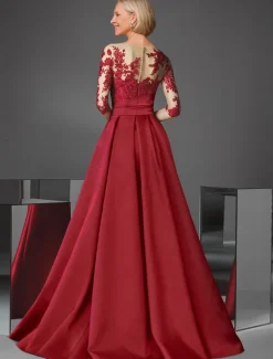 Red A-Line Evening Gown Elegant Dress Formal Wedding Floor Length Long Sleeve Jewel Neck Pocket Satin with Slit Appliques
