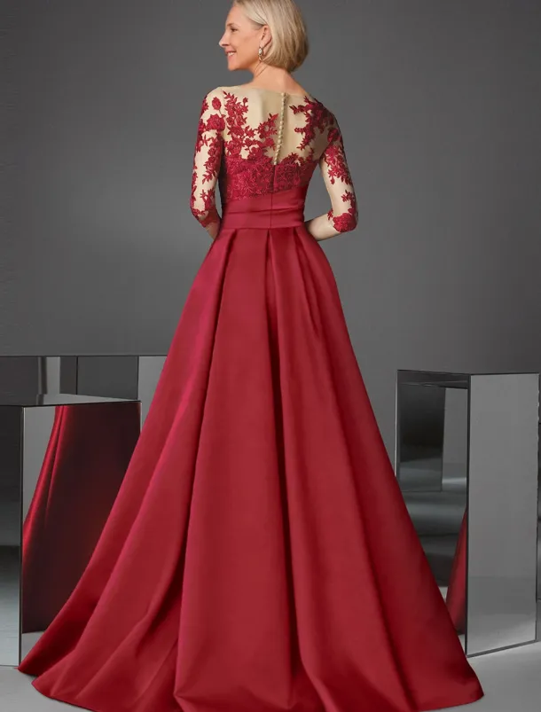 Red A-Line Evening Gown Elegant Dress Formal Wedding Floor Length Long Sleeve Jewel Neck Pocket Satin with Slit Appliques