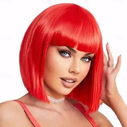 Red Bob Wig With Bangs 12 Inch Short Synthetic Fiber Bob Wigs for Women Short Bob Wigs and Halloween Cosplay Bob Wig