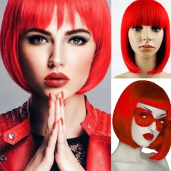 Red Bob Wig With Bangs 12 Inch Short Synthetic Fiber Bob Wigs for Women Short Bob Wigs and Halloween Cosplay Bob Wig