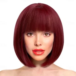 Red Bob Wig With Bangs 12 Inch Short Synthetic Fiber Bob Wigs for Women Short Bob Wigs and Halloween Cosplay Bob Wig