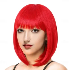 Red Bob Wig With Bangs 12 Inch Short Synthetic Fiber Bob Wigs for Women Short Bob Wigs and Halloween Cosplay Bob Wig