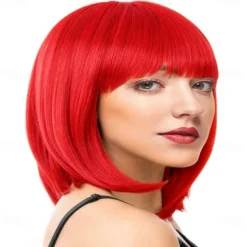 Red Bob Wig With Bangs 12 Inch Short Synthetic Fiber Bob Wigs for Women Short Bob Wigs and Halloween Cosplay Bob Wig