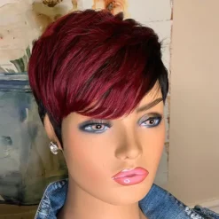 Red Burgundy 99J Ombre Color Short Wavy Bob Pixie Cut Wigs Full Machine Made Non Lace Human Hair Wigs With Bangs For Black Women 1b99j