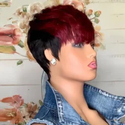 Red Burgundy 99J Ombre Color Short Wavy Bob Pixie Cut Wigs Full Machine Made Non Lace Human Hair Wigs With Bangs For Black Women 1b99j