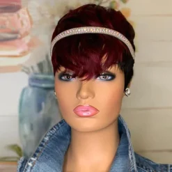 Red Burgundy 99J Ombre Color Short Wavy Bob Pixie Cut Wigs Full Machine Made Non Lace Human Hair Wigs With Bangs For Black Women 1b99j
