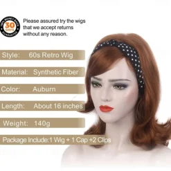 Red Long 60s Wigs for Women Natural Synthetic Hair Wig Auburn 50s 60s 70s Cosplay Daily Work Costume Party Halloween Wigs