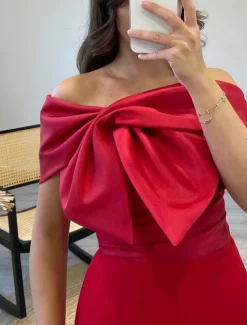 Red Sheath / Column Cocktail Dresses Elegant Formal Wedding Guest Ankle Length Sleeveless Off Shoulder Satin with Bow(s)