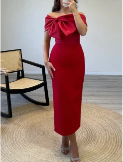 Red Sheath / Column Cocktail Dresses Elegant Formal Wedding Guest Ankle Length Sleeveless Off Shoulder Satin with Bow(s)