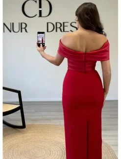 Red Sheath / Column Cocktail Dresses Elegant Formal Wedding Guest Ankle Length Sleeveless Off Shoulder Satin with Bow(s)