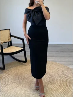 Red Sheath / Column Cocktail Dresses Elegant Formal Wedding Guest Ankle Length Sleeveless Off Shoulder Satin with Bow(s)