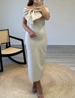 Red Sheath / Column Cocktail Dresses Elegant Formal Wedding Guest Ankle Length Sleeveless Off Shoulder Satin with Bow(s)