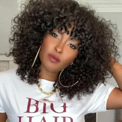 Remy Human Hair Wig Curly With Bangs Natural Black Capless Brazilian Hair Women's Natural Black #1B 8 inch 10 inch 12 inch Vacation Party / Evening Daily Wear