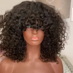 Remy Human Hair Wig Curly With Bangs Natural Black Capless Brazilian Hair Women's Natural Black #1B 8 inch 10 inch 12 inch Vacation Party / Evening Daily Wear