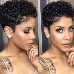Remy Human Hair Wig Pixie Cut For Black Women Short Afro Curly Brazilian Hair Cheap Wig Human Hair Capless Wig Natural Black #1B For Daily Party
