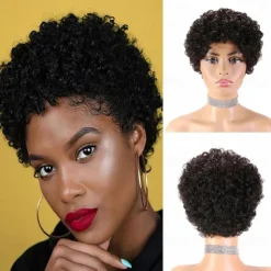Remy Human Hair Wig Pixie Cut For Black Women Short Afro Curly Brazilian Hair Cheap Wig Human Hair Capless Wig Natural Black #1B For Daily Party