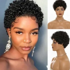 Remy Human Hair Wig Pixie Cut For Black Women Short Afro Curly Brazilian Hair Cheap Wig Human Hair Capless Wig Natural Black #1B For Daily Party
