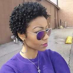 Remy Human Hair Wig Pixie Cut For Black Women Short Afro Curly Brazilian Hair Cheap Wig Human Hair Capless Wig Natural Black #1B For Daily Party
