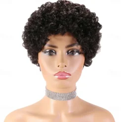 Remy Human Hair Wig Pixie Cut For Black Women Short Afro Curly Brazilian Hair Cheap Wig Human Hair Capless Wig Natural Black #1B For Daily Party