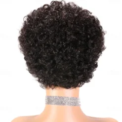 Remy Human Hair Wig Pixie Cut For Black Women Short Afro Curly Brazilian Hair Cheap Wig Human Hair Capless Wig Natural Black #1B For Daily Party