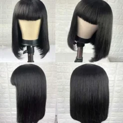 Remy Human Hair Wig Short Straight Silky Straight Bob Short Bob Neat Bang With Bangs Natural Color Soft Easy dressing Best Quality Machine Made Brazilian Hair Women's Black 10 inch 12 inch 14 inch