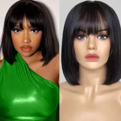Remy Human Hair Wig Short Straight Silky Straight Bob Short Bob Neat Bang With Bangs Natural Color Soft Easy dressing Best Quality Machine Made Brazilian Hair Women's Black 10 inch 12 inch 14 inch