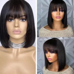 Remy Human Hair Wig Short Straight Silky Straight Bob Short Bob Neat Bang With Bangs Natural Color Soft Easy dressing Best Quality Machine Made Brazilian Hair Women's Black 10 inch 12 inch 14 inch