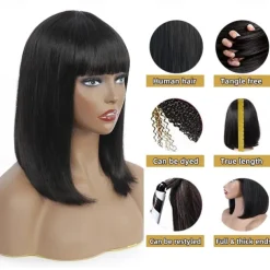 Remy Human Hair Wig Short Straight Silky Straight Bob Short Bob Neat Bang With Bangs Natural Color Soft Easy dressing Best Quality Machine Made Brazilian Hair Women's Black 10 inch 12 inch 14 inch