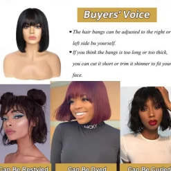 Remy Human Hair Wig Short Straight Silky Straight Bob Short Bob Neat Bang With Bangs Natural Color Soft Easy dressing Best Quality Machine Made Brazilian Hair Women's Black 10 inch 12 inch 14 inch