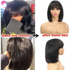 Remy Human Hair Wig Short Straight Silky Straight Bob Short Bob Neat Bang With Bangs Natural Color Soft Easy dressing Best Quality Machine Made Brazilian Hair Women's Black 10 inch 12 inch 14 inch