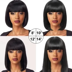Remy Human Hair Wig Short Straight Silky Straight Bob Short Bob Neat Bang With Bangs Natural Color Soft Easy dressing Best Quality Machine Made Brazilian Hair Women's Black 10 inch 12 inch 14 inch