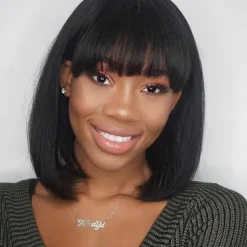 Remy Human Hair Wig Short Straight Silky Straight Bob Short Bob Neat Bang With Bangs Natural Color Soft Easy dressing Best Quality Machine Made Brazilian Hair Women's Black 10 inch 12 inch 14 inch