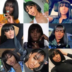 Remy Human Hair Wig Short Straight Silky Straight Bob Short Bob Neat Bang With Bangs Natural Color Soft Easy dressing Best Quality Machine Made Brazilian Hair Women's Black 10 inch 12 inch 14 inch