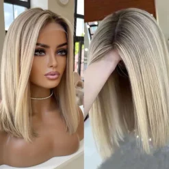 Remy Human Hair 13x4 Lace Front Wig Short Bob Middle Part Brazilian Hair Silky Straight Blonde Wig 130% 150% Density Color Gradient Glueless For Women Short Human Hair Lace Wig